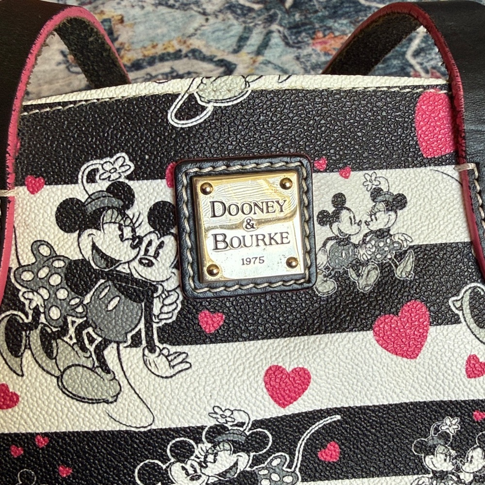 Dooney & Bourke Black & White Stripe Mickey Mouse Tote with Pink Hearts - Picture 2 of 10